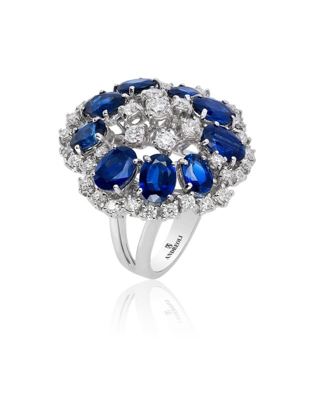 18K White Gold Ring with Sapphires and Diamonds, Size 7.25